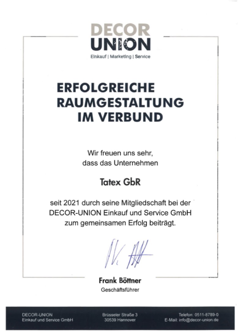 Urkunde: Mitgliedschaft von Team Tatex in der Decor-Union