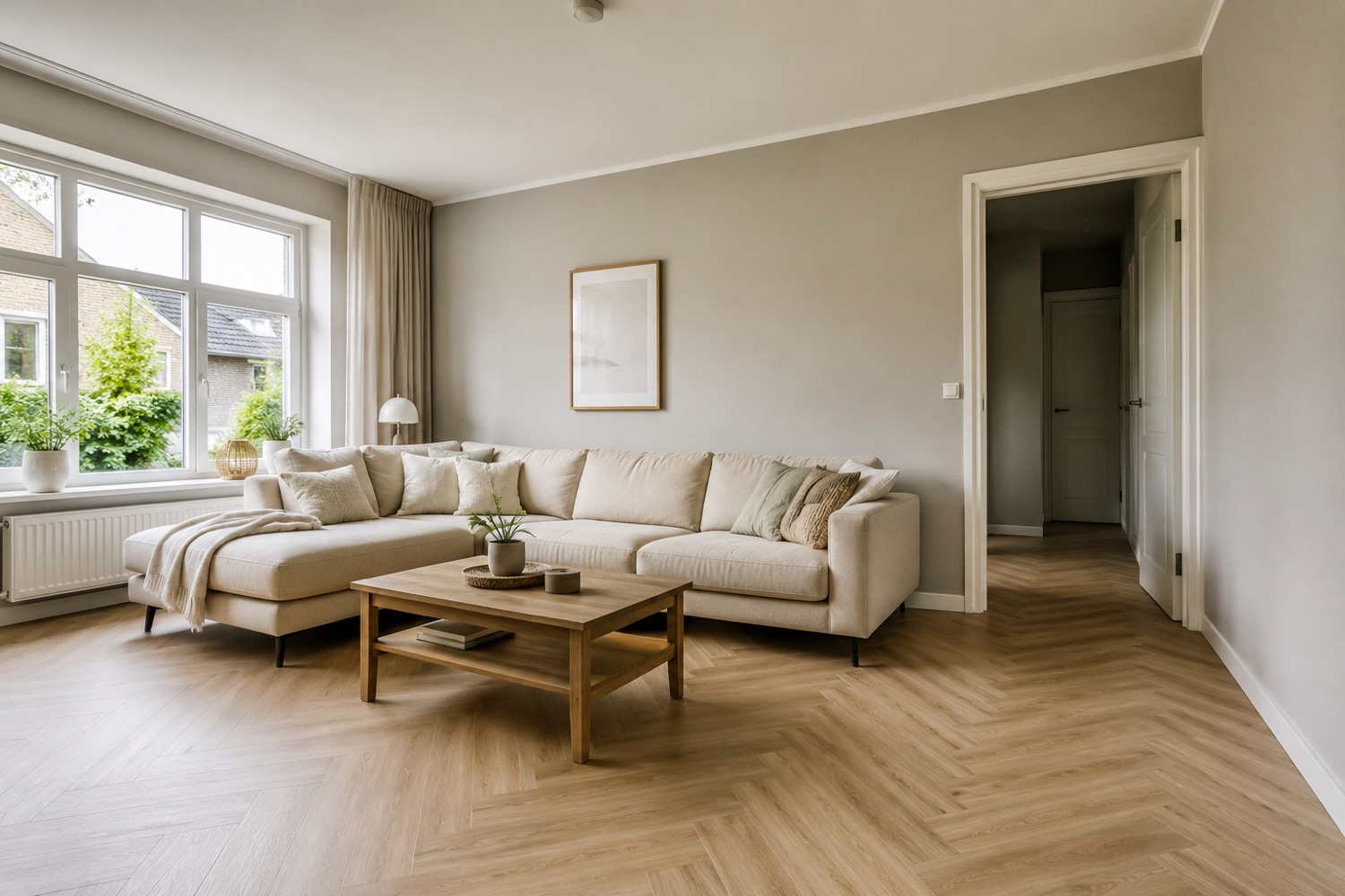 Fertig renoviertes Wohnzimmer mit Fischgrät-Vinyl und frisch gestrichenen Wänden